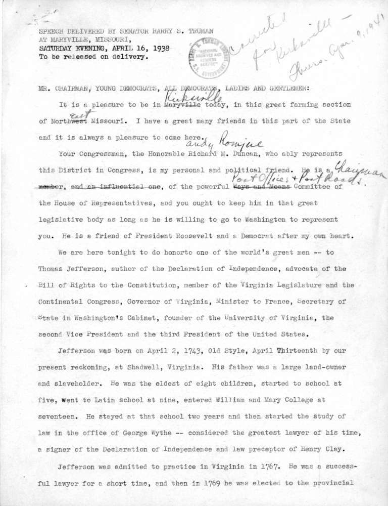 Speech Draft of Senator Harry S. Truman at Maryville, Missouri