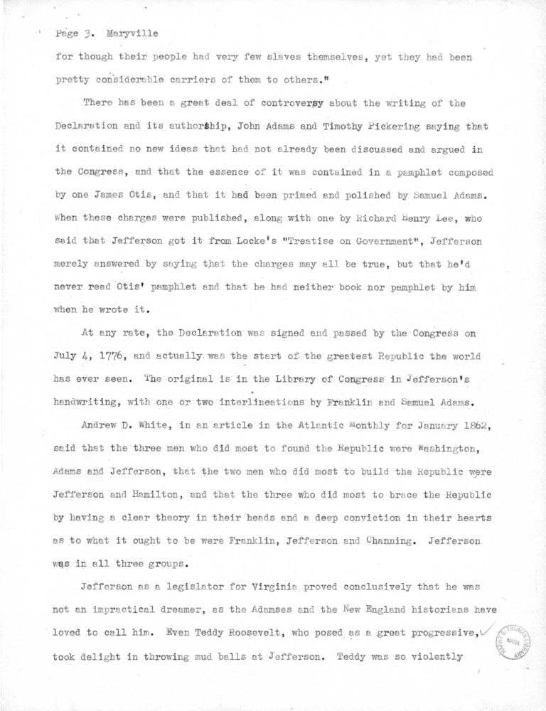 Speech Draft of Senator Harry S. Truman at Maryville, Missouri