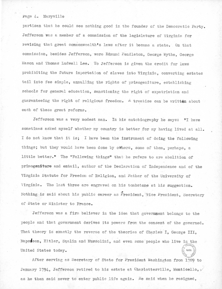 Speech Draft of Senator Harry S. Truman at Maryville, Missouri