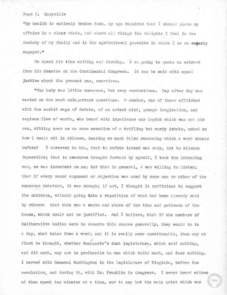 Speech Draft of Senator Harry S. Truman at Maryville, Missouri