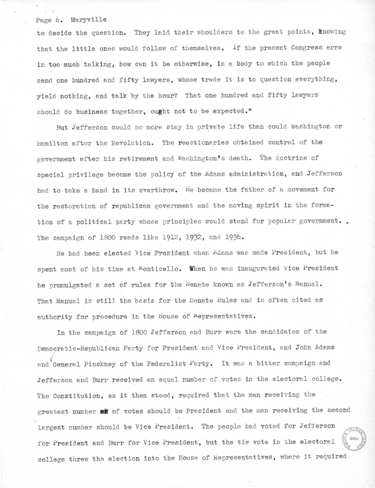Speech Draft of Senator Harry S. Truman at Maryville, Missouri