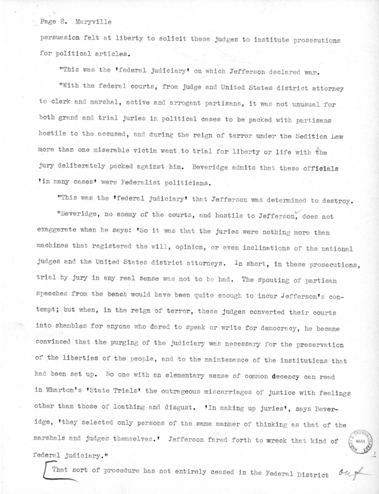 Speech Draft of Senator Harry S. Truman at Maryville, Missouri