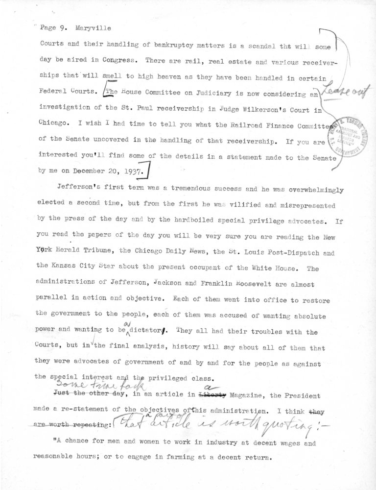 Speech Draft of Senator Harry S. Truman at Maryville, Missouri