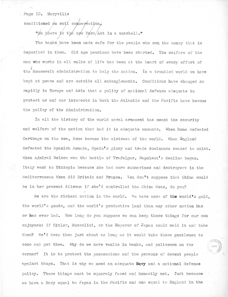 Speech Draft of Senator Harry S. Truman at Maryville, Missouri