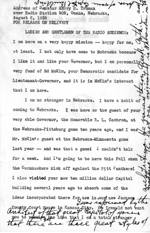 Draft Speech of Senator Harry S. Truman in Omaha, Nebraska