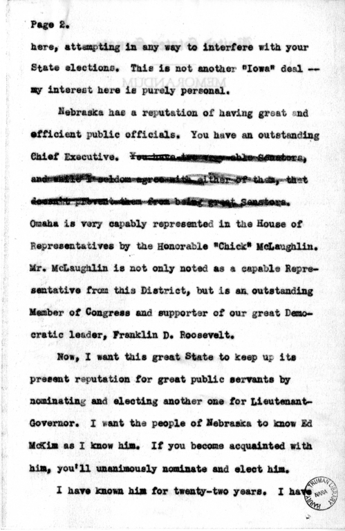 Speech Draft of Senator Harry S. Truman at Omaha, Nebraska