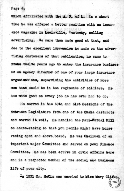 Speech Draft of Senator Harry S. Truman at Omaha, Nebraska