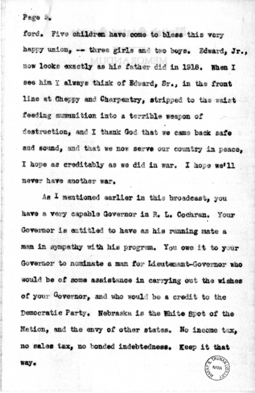 Speech Draft of Senator Harry S. Truman at Omaha, Nebraska