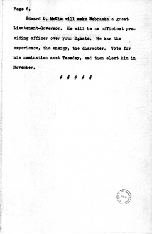 Speech Draft of Senator Harry S. Truman at Omaha, Nebraska