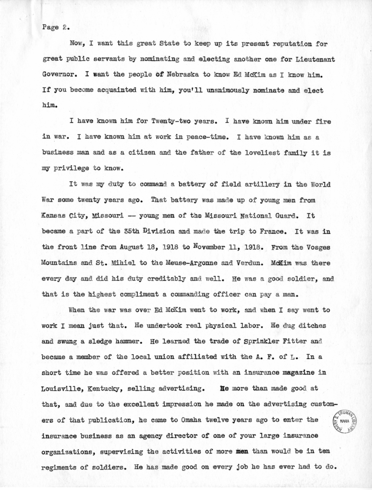 Draft Speech of Senator Harry S. Truman at Omaha, Nebraska