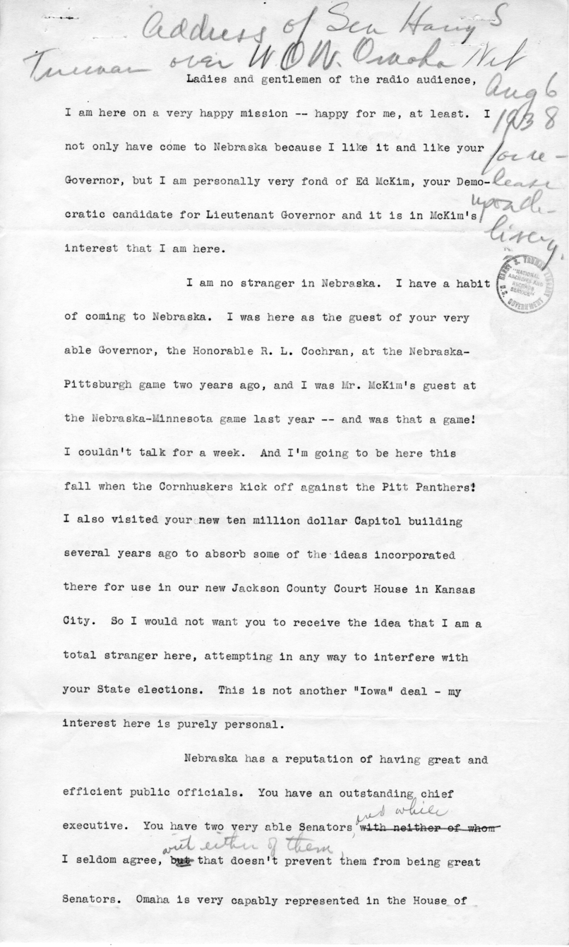 Draft Speech of Senator Harry S. Truman Delivered at Omaha, Nebraska