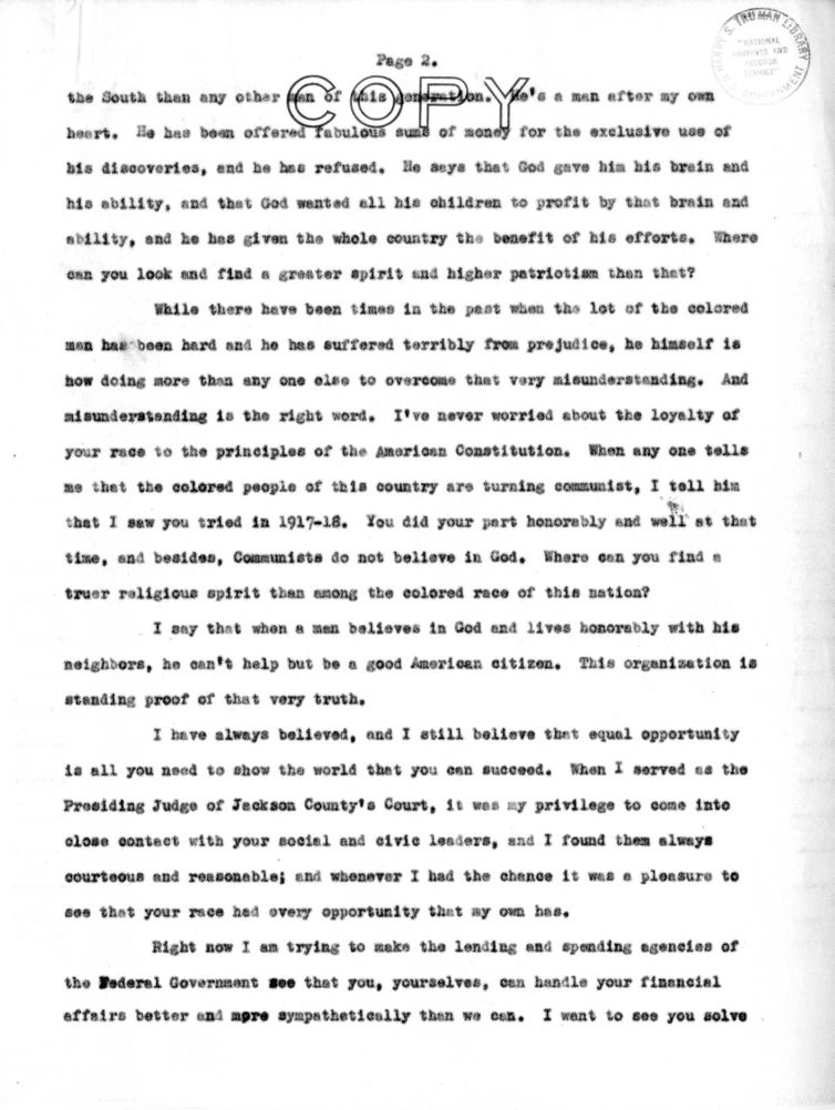 Speech of Senator Harry S. Truman to the 25th Anniversary Meeting of the National Alliance of Postal Employees at Kansas City, Missouri