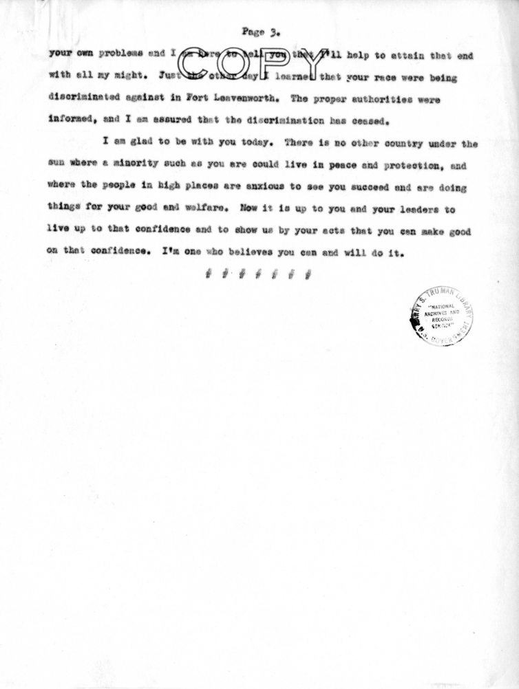 Speech of Senator Harry S. Truman to the 25th Anniversary Meeting of the National Alliance of Postal Employees at Kansas City, Missouri