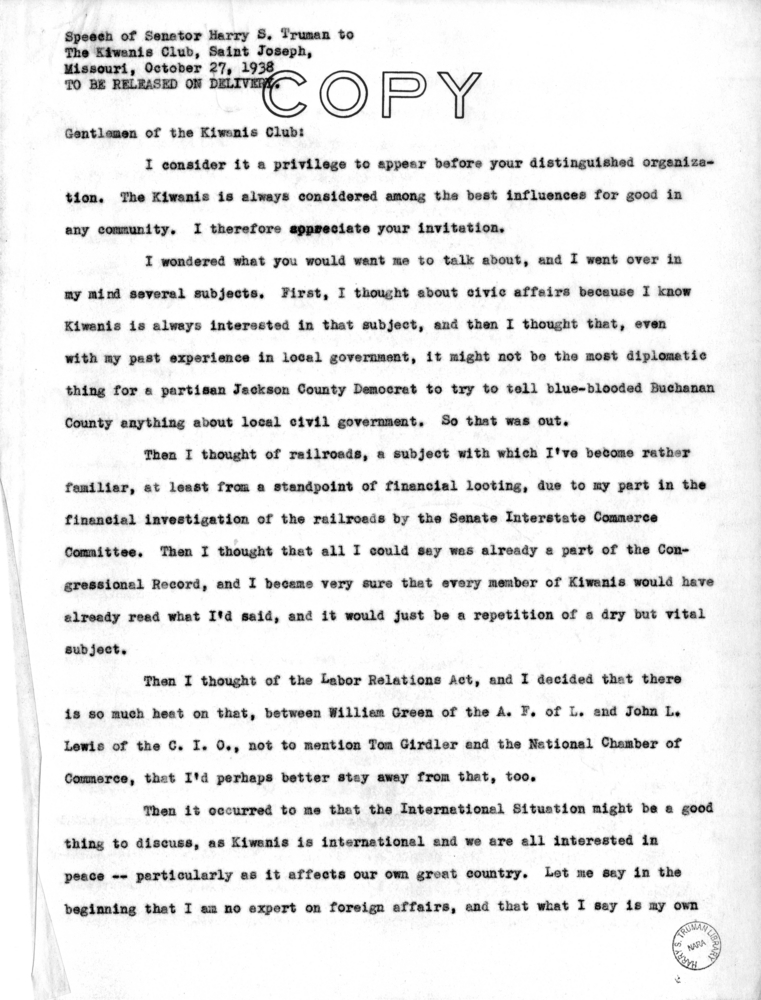 Speech of Senator Harry S. Truman to the Kiwanis Club at St. Joseph, Missouri