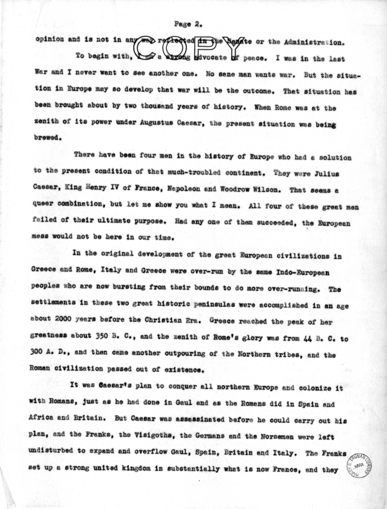 Speech of Senator Harry S. Truman to the Kiwanis Club at St. Joseph, Missouri