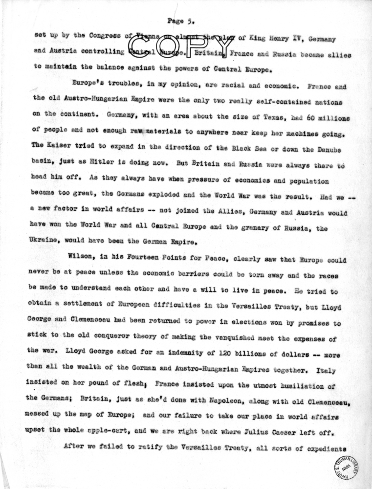 Speech of Senator Harry S. Truman to the Kiwanis Club at St. Joseph, Missouri