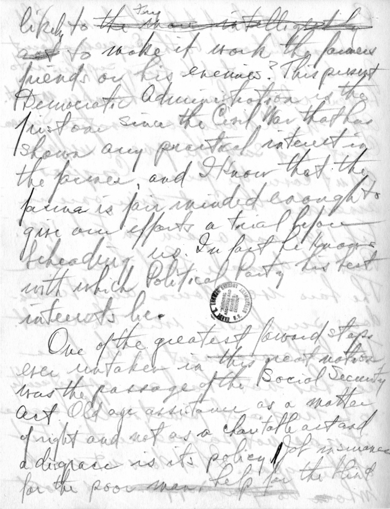 Handwritten Draft Speech of Senator Harry S. Truman delivered at Jeffersonville, Indiana