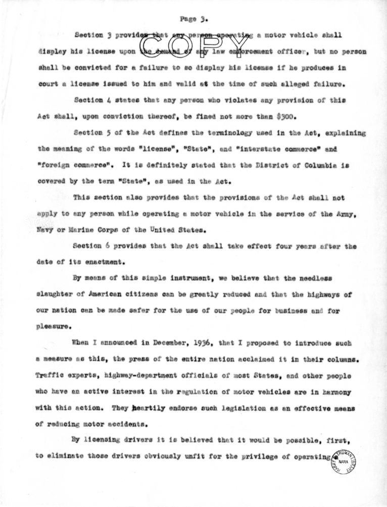 Radio Speech of Senator Harry S. Truman on the Drivers' License Bill
