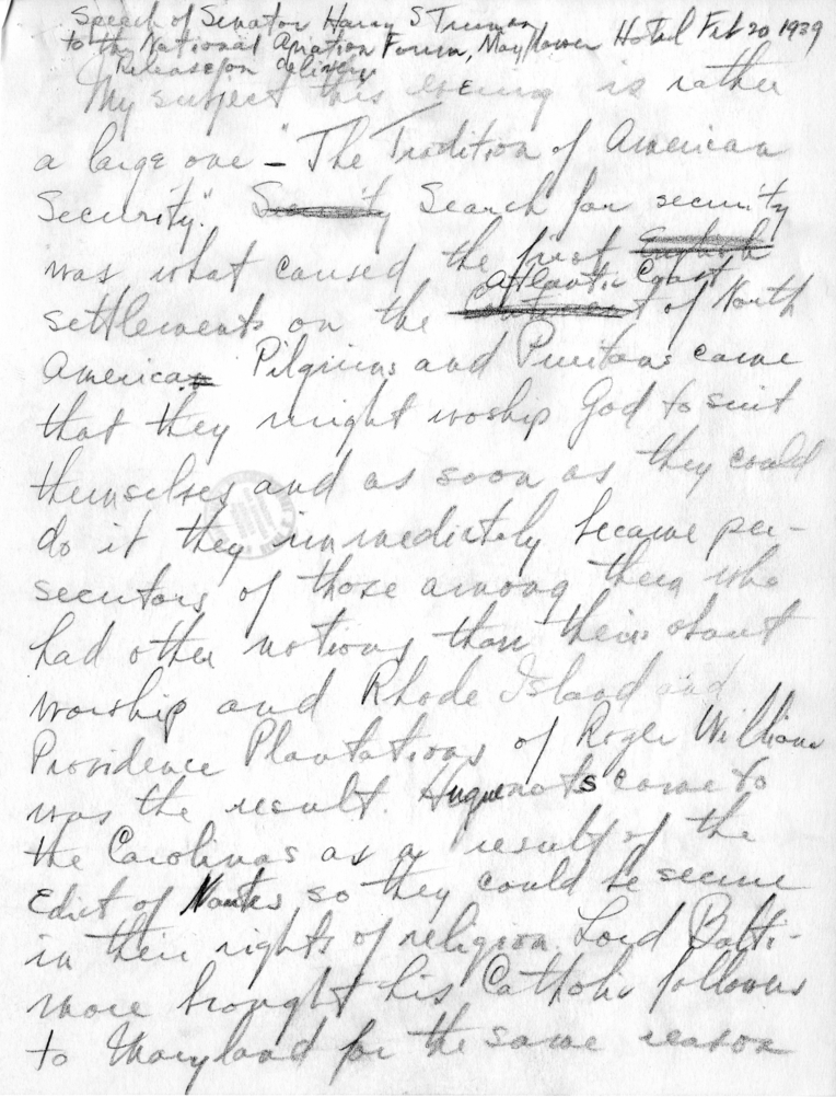Draft Speech of Senator Harry S. Truman to the National Aviation Forum