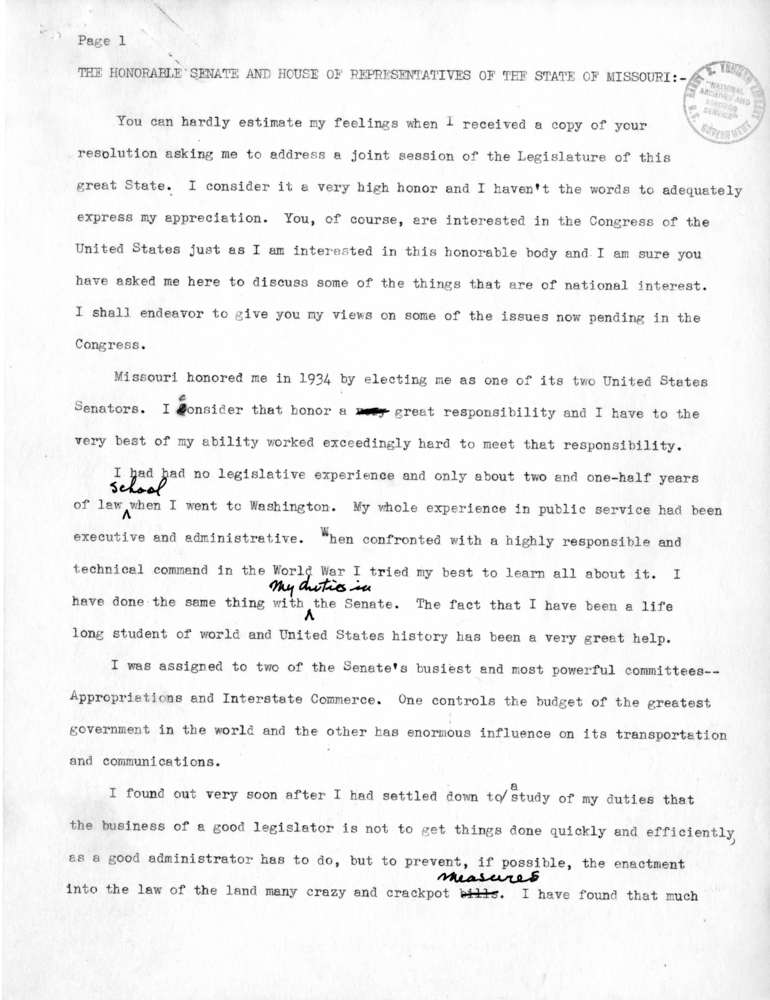 Draft Speech of Senator Harry S. Truman delivered at Jefferson City, Missouri