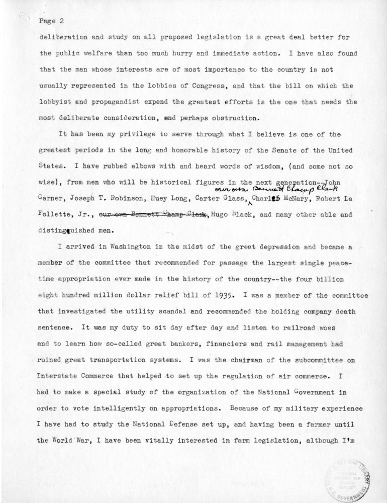 Draft Speech of Senator Harry S. Truman delivered at Jefferson City, Missouri