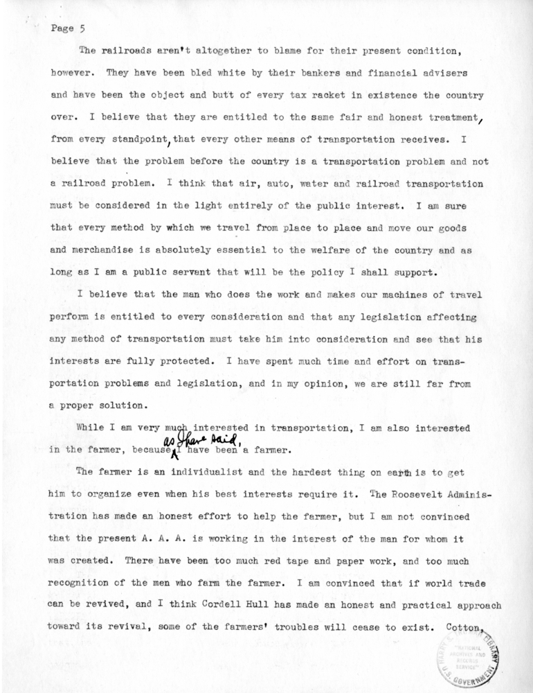 Draft Speech of Senator Harry S. Truman delivered at Jefferson City, Missouri