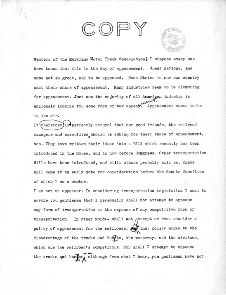 Draft Speech of Senator Harry S. Truman to Members of the Maryland Motor Truck Association at Baltimore, Maryland