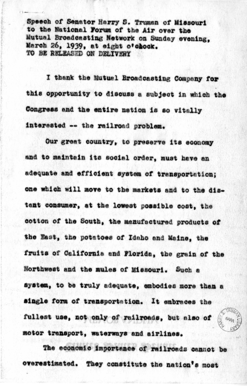 Speech of Senator Harry S. Truman, National Forum of the Air
