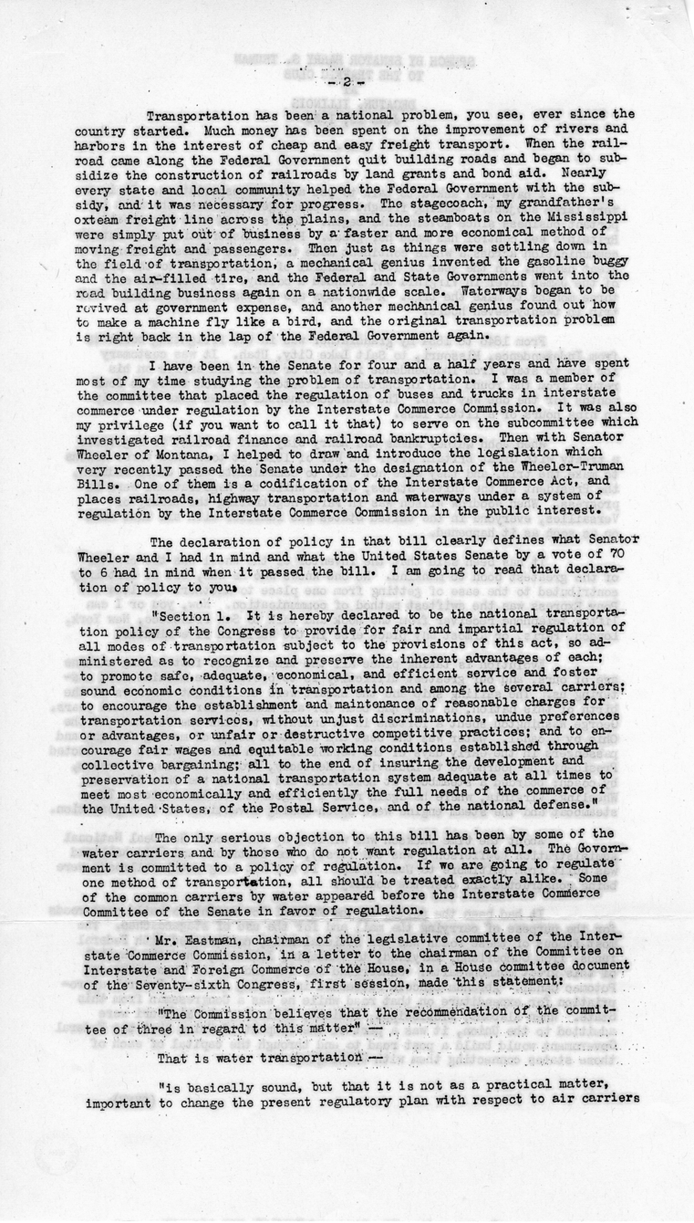 Speech by Senator Harry S. Truman to the Traffic Club at Decatur, Illinois