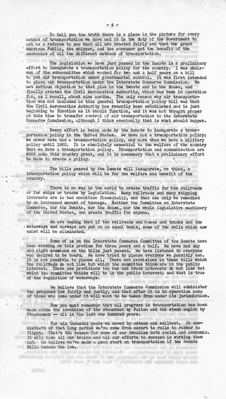 Speech by Senator Harry S. Truman to the Traffic Club at Decatur, Illinois