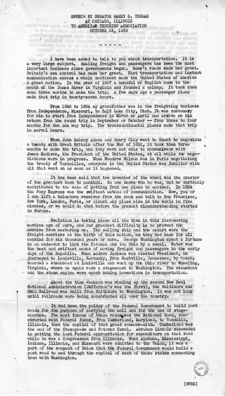 Speech of Senator Harry S. Truman at Chicago, Illinois