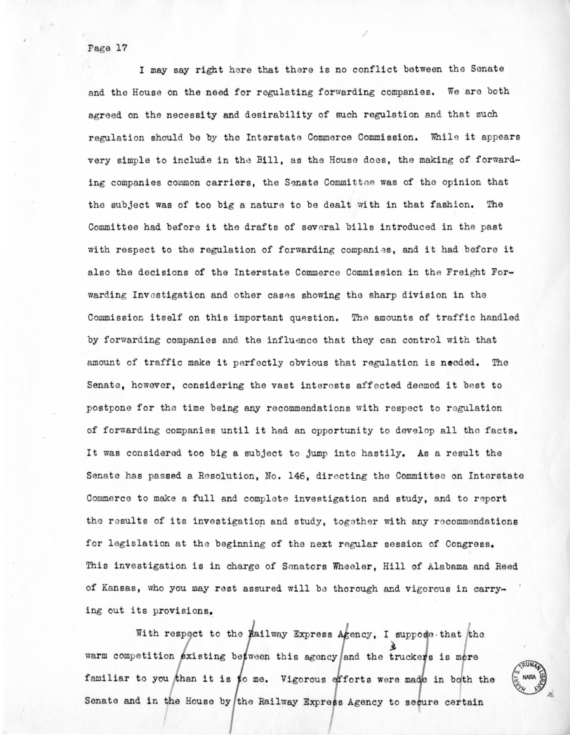 Draft of Speech of Senator Harry S. Truman Delivered at Chicago, Illinois to the American Trucking Association