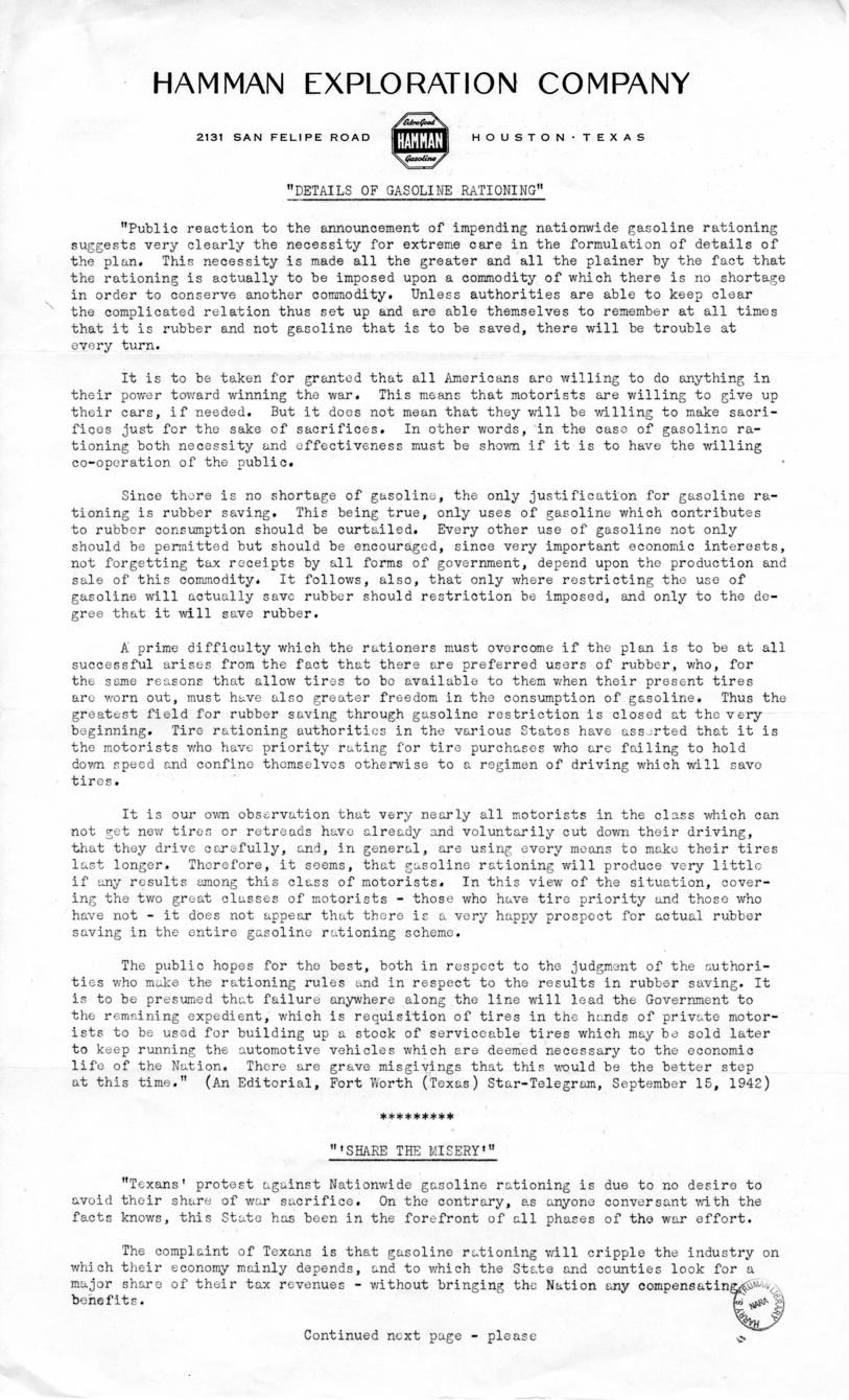 Press Release, Hamman Exploration Company, Regarding Gas Rationing