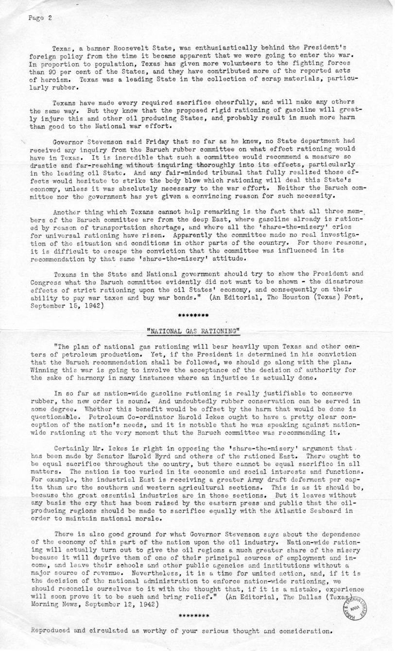 Press Release, Hamman Exploration Company, Regarding Gas Rationing