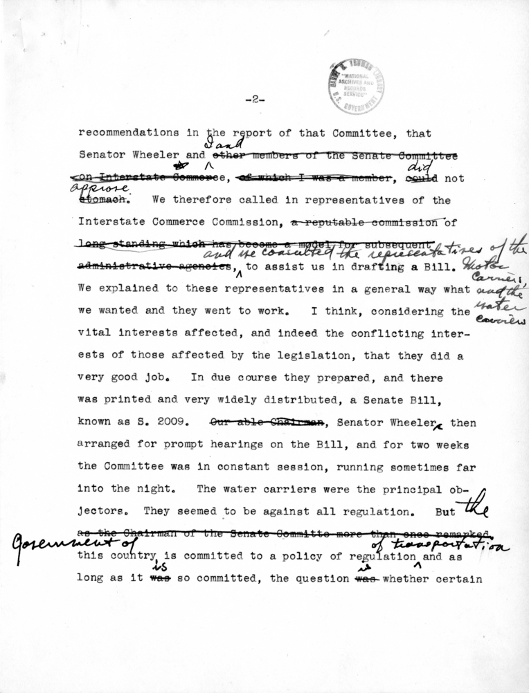 Draft Speech of Senator Harry S. Truman delivered at Chicago, Illinois to the American Trucking Association
