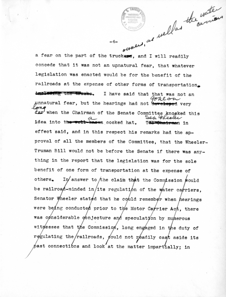 Draft Speech of Senator Harry S. Truman delivered at Chicago, Illinois to the American Trucking Association