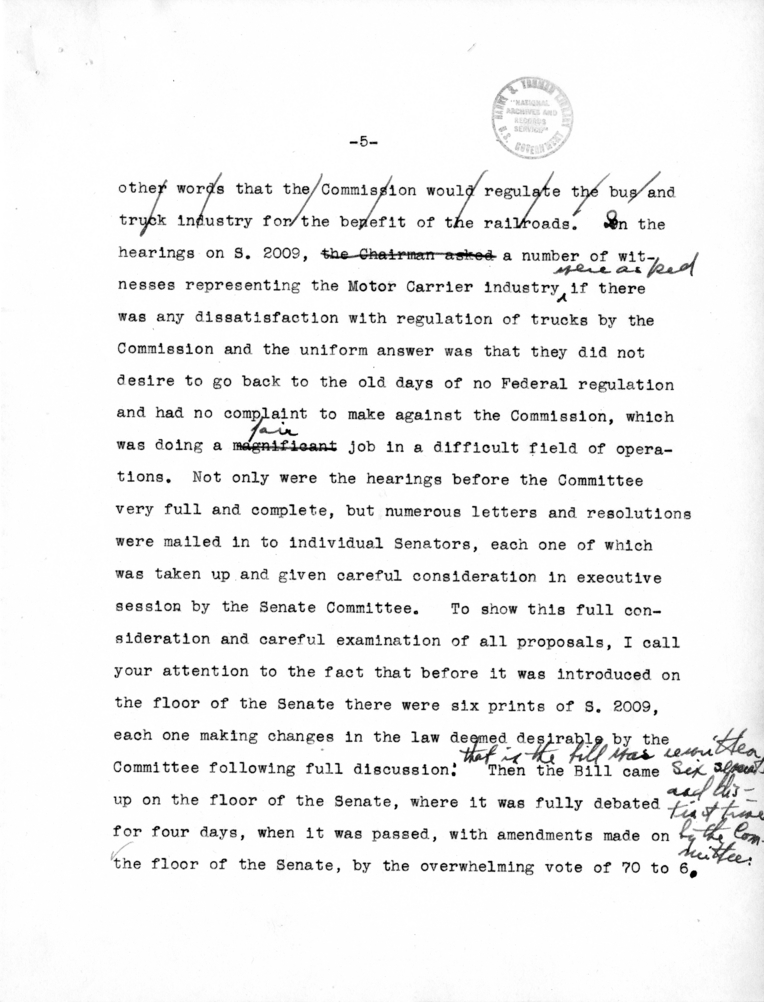 Draft Speech of Senator Harry S. Truman delivered at Chicago, Illinois to the American Trucking Association