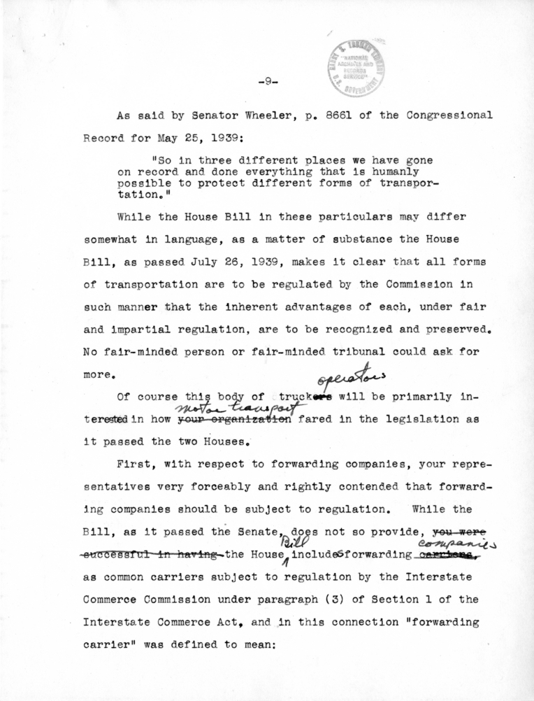 Draft Speech of Senator Harry S. Truman delivered at Chicago, Illinois to the American Trucking Association