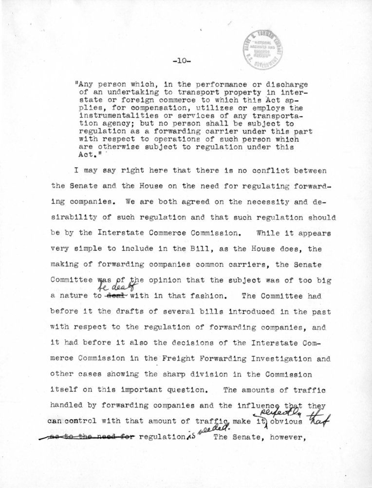 Draft Speech of Senator Harry S. Truman delivered at Chicago, Illinois to the American Trucking Association