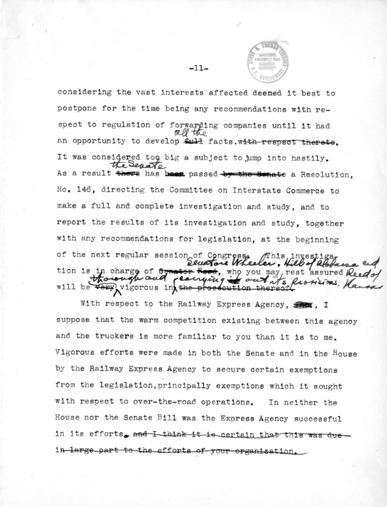 Draft Speech of Senator Harry S. Truman delivered at Chicago, Illinois to the American Trucking Association