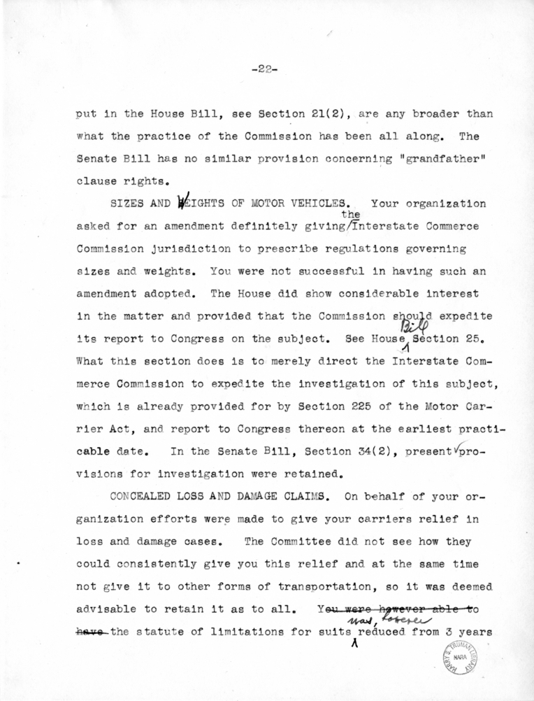 Draft Speech of Senator Harry S. Truman delivered at Chicago, Illinois to the American Trucking Association
