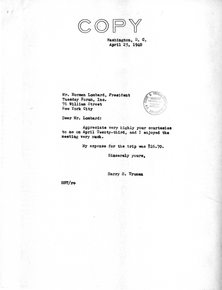 Correspondence Between Senator Harry S. Truman and Norman Lombard