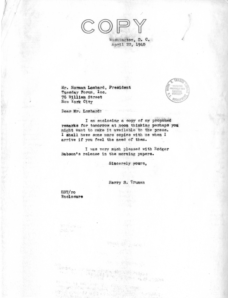 Correspondence Between Senator Harry S. Truman and Norman Lombard