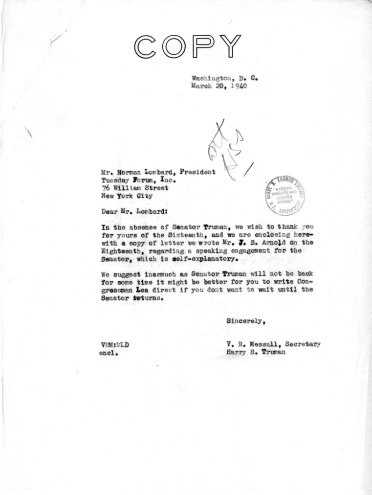 Correspondence Between Senator Harry S. Truman, Victor Messall, Norman Lombard, and J. S. Arnold