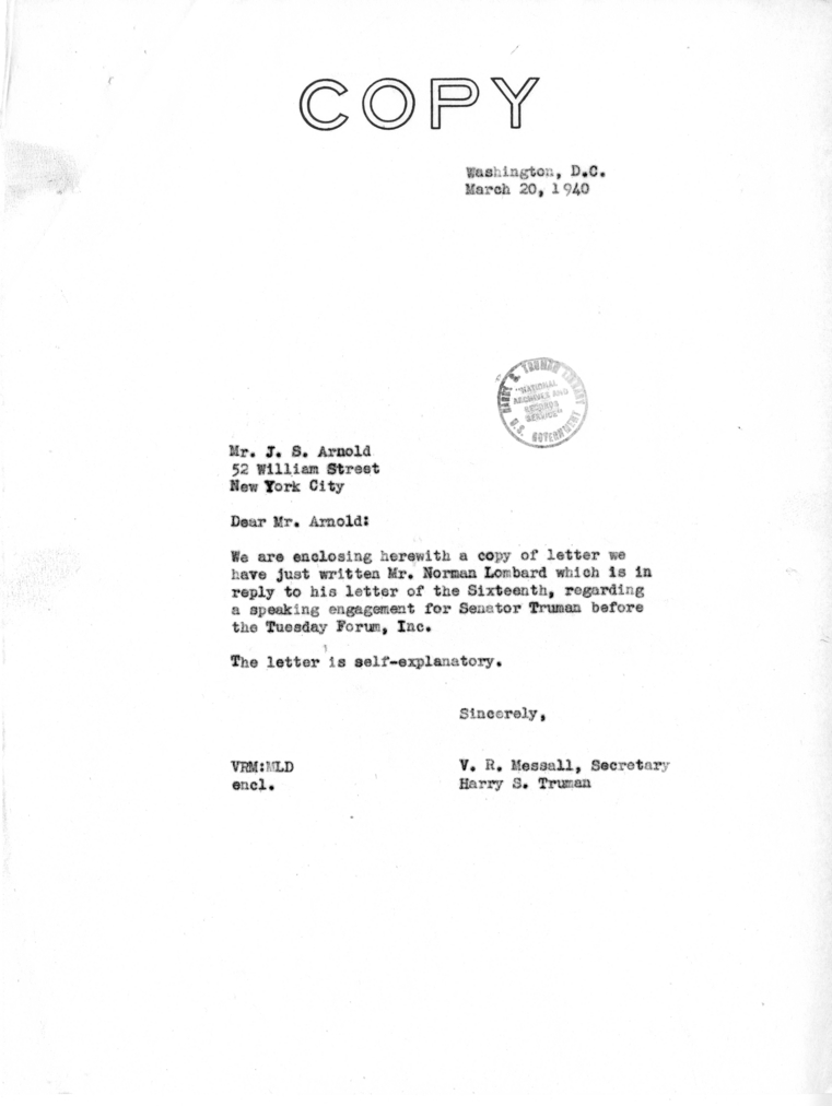 Correspondence Between Senator Harry S. Truman, Victor Messall, Norman Lombard, and J. S. Arnold