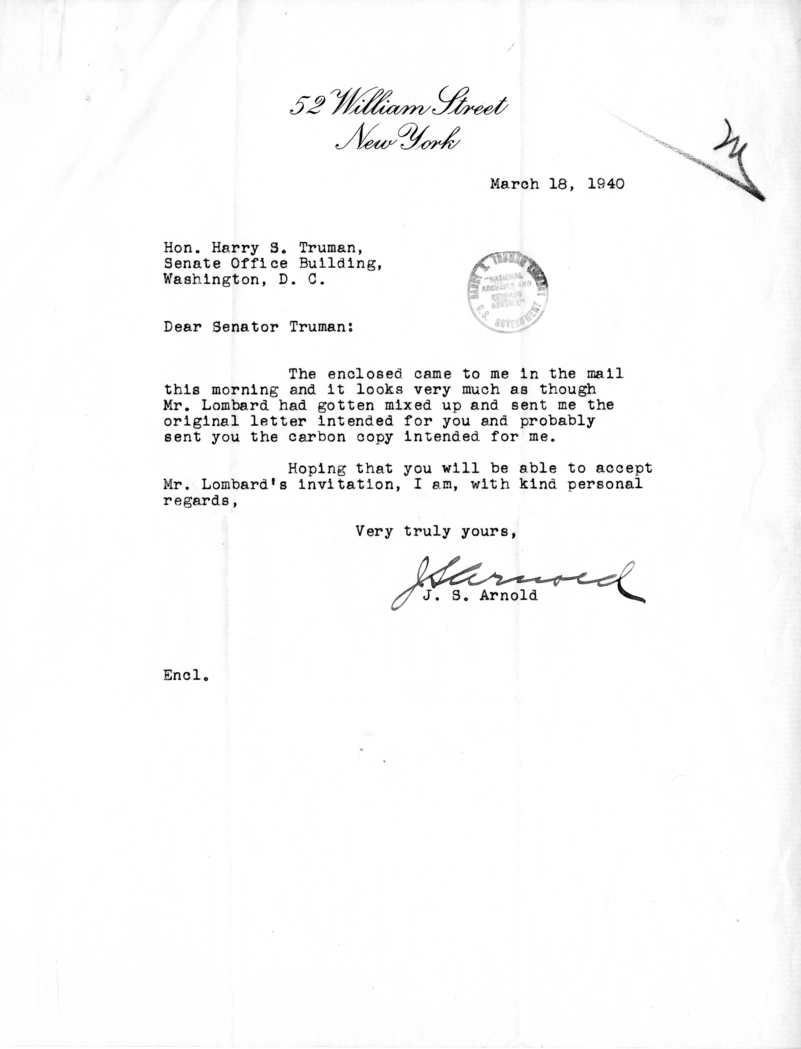 Correspondence Between Senator Harry S. Truman, Victor Messall, Norman Lombard, and J. S. Arnold