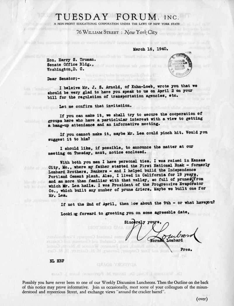 Correspondence Between Senator Harry S. Truman, Victor Messall, Norman Lombard, and J. S. Arnold