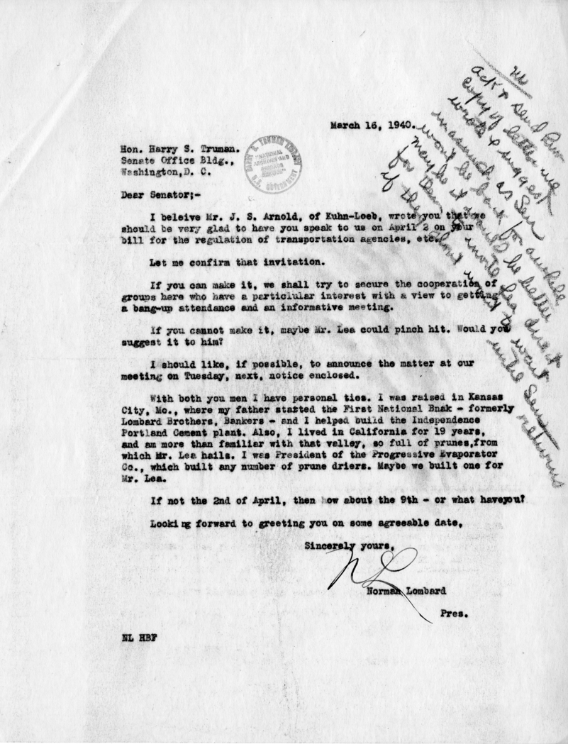 Correspondence Between Senator Harry S. Truman, Victor Messall, Norman Lombard, and J. S. Arnold