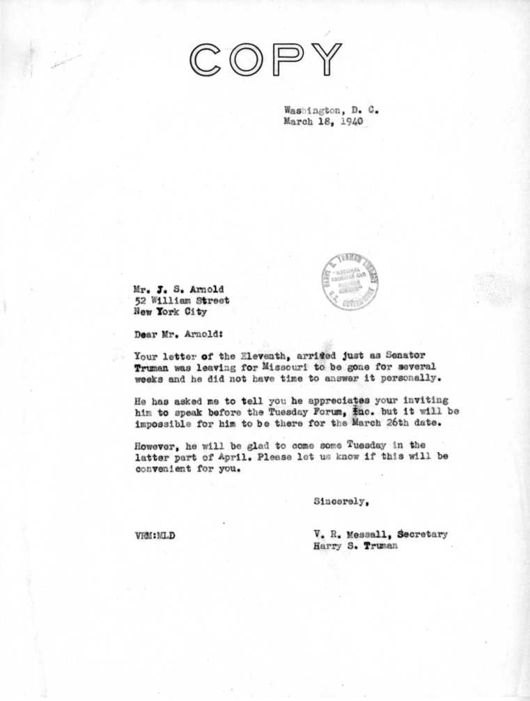 Correspondence Between Senator Harry S. Truman, Victor Messall, Norman Lombard, and J. S. Arnold