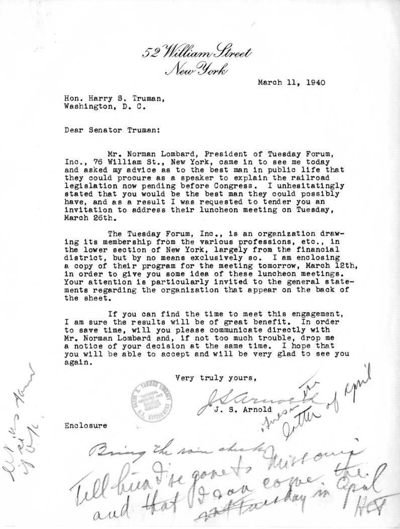 Correspondence Between Senator Harry S. Truman, Victor Messall, Norman Lombard, and J. S. Arnold